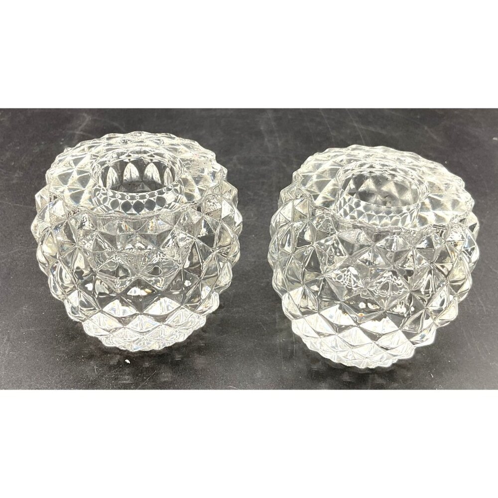 I.W. Rice & Co Crystal Diamond Pattern Candle Holders Set Of 2 - 2.25"H x 2.5"W
